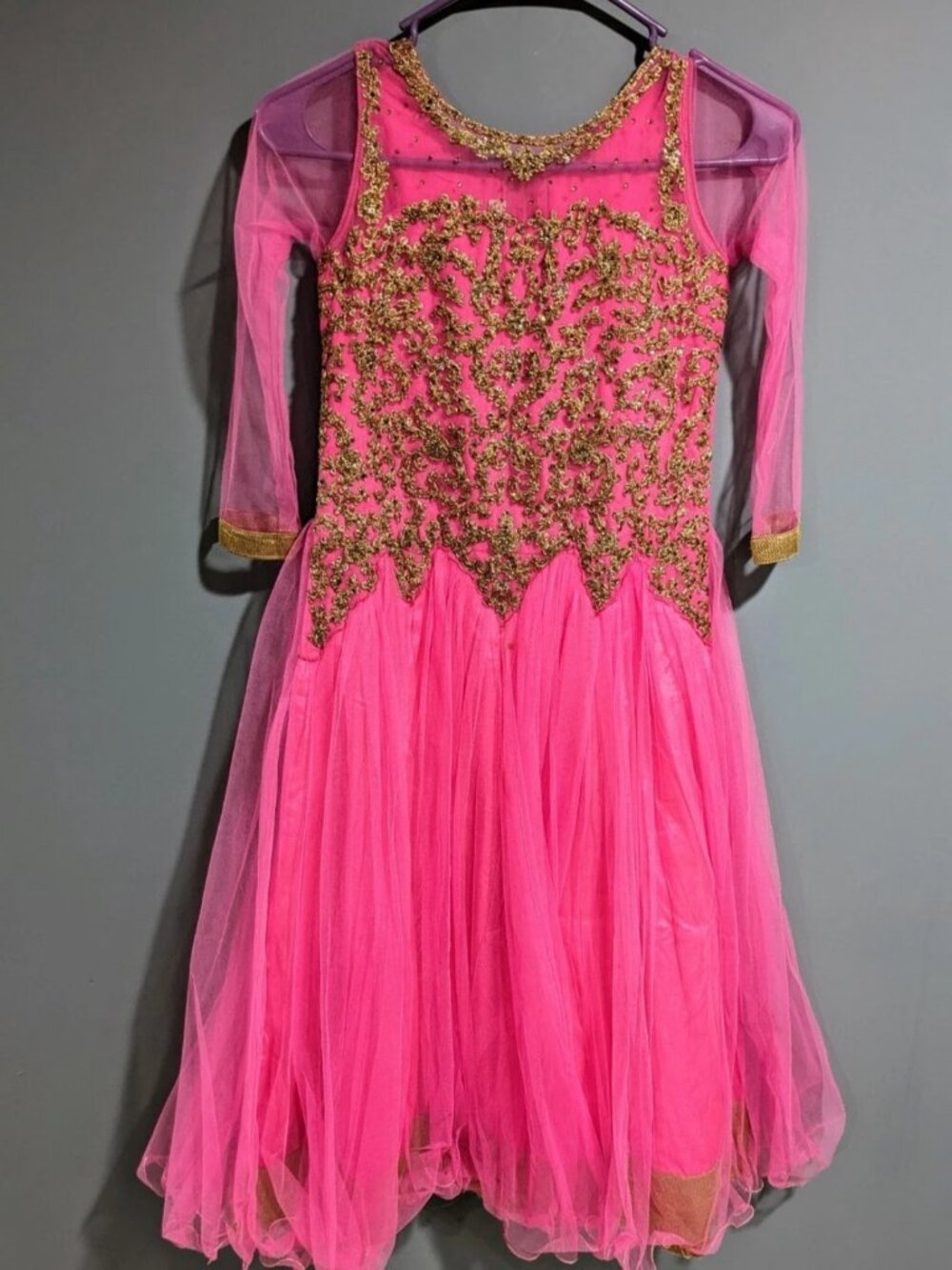 Girls Hot Pink Gold Embroidered Princess Gown Size 8-10 Formal Party Dress